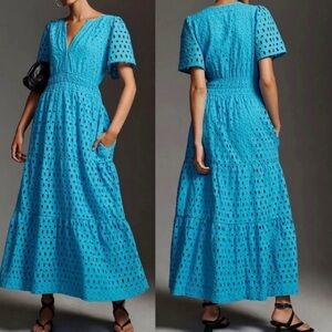 Anthropologie The Somerset Maxi Dress‎ Bright Blue Eyelet Women's S Small